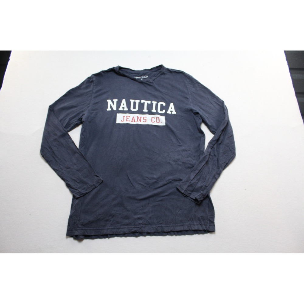 Nautica Jeans Co Graphic Tee Mens Medium Navy Blue Excellent Long Sleeve Shirt